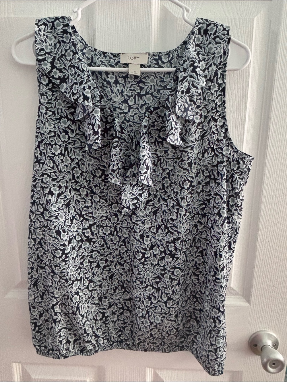 LOFT Navy and White Floral Ruffle Sleeveless Camisole